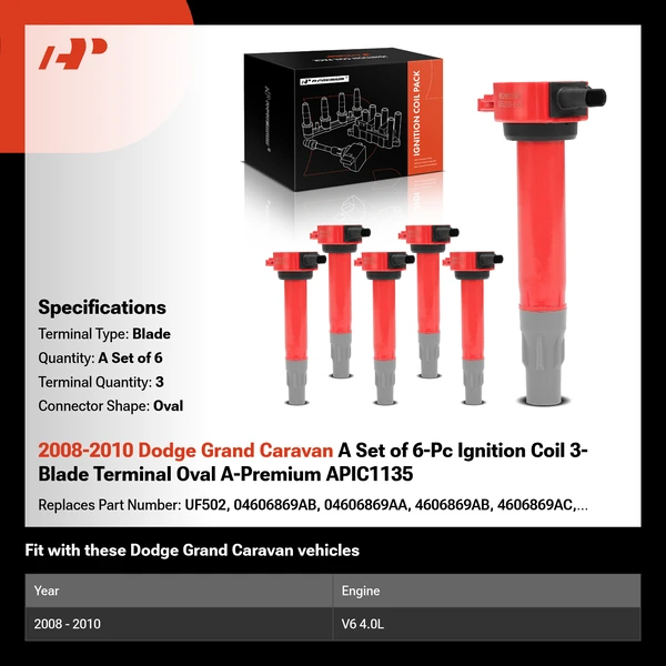 2008-2010 Dodge Grand Caravan A Set of 6-Pc Ignition Coil 3-Blade Terminal Oval A-Premium APIC1135