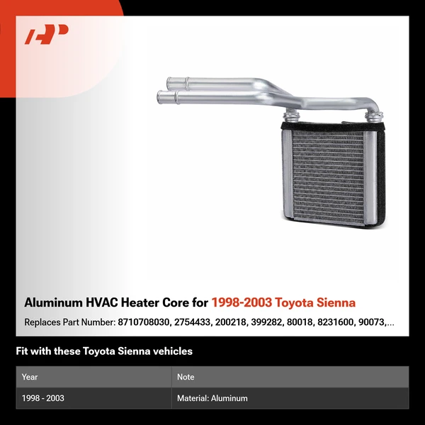 Aluminum HVAC Heater Core for 1998-2003 Toyota Sienna
