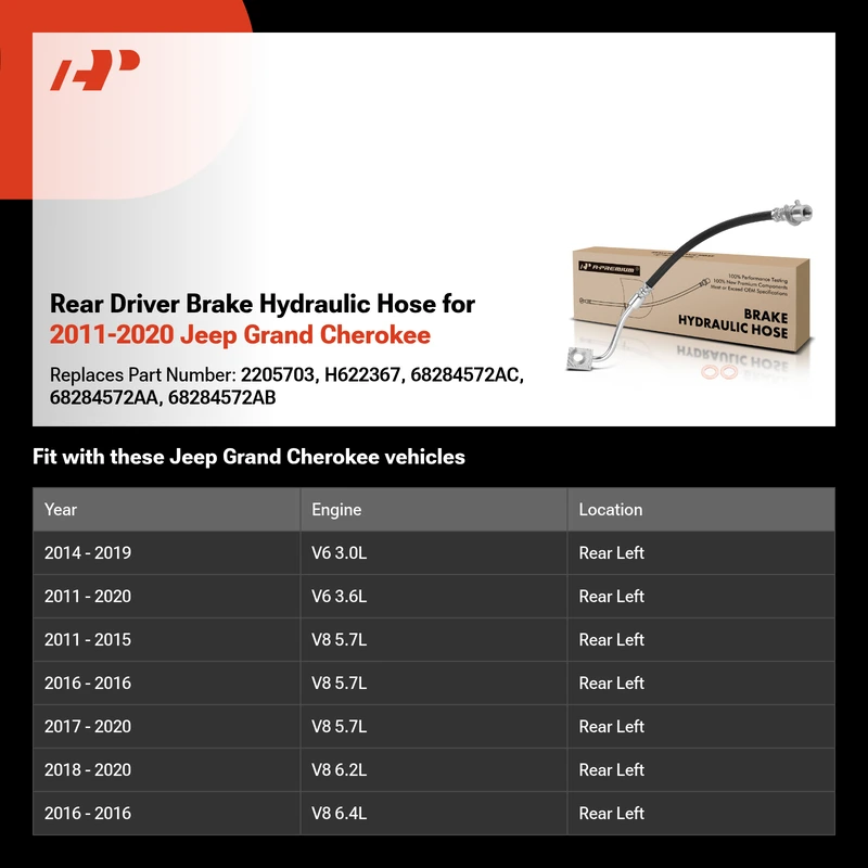Rear Driver Brake Hydraulic Hose for 2011-2020 Jeep Grand Cherokee