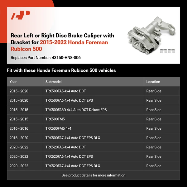 Rear Left or Right Disc Brake Caliper with Bracket for 2015-2022 Honda Foreman Rubicon 500