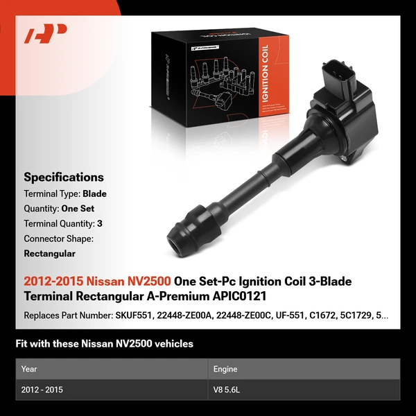 2012-2015 Nissan NV2500 One Set-Pc Ignition Coil 3-Blade Terminal Rectangular A-Premium APIC0121