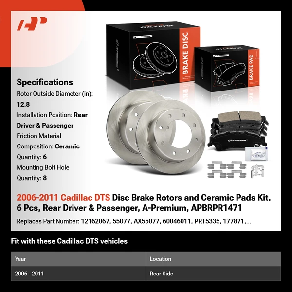 2006-2011 Cadillac DTS Disc Brake Rotors and Ceramic Pads Kit, 6 Pcs, Rear Driver & Passenger, A-Premium, APBRPR1471