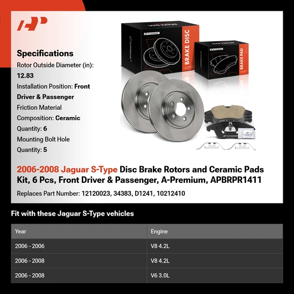 2006-2008 Jaguar S-Type Disc Brake Rotors and Ceramic Pads Kit, 6 Pcs, Front Driver & Passenger, A-Premium, APBRPR1411