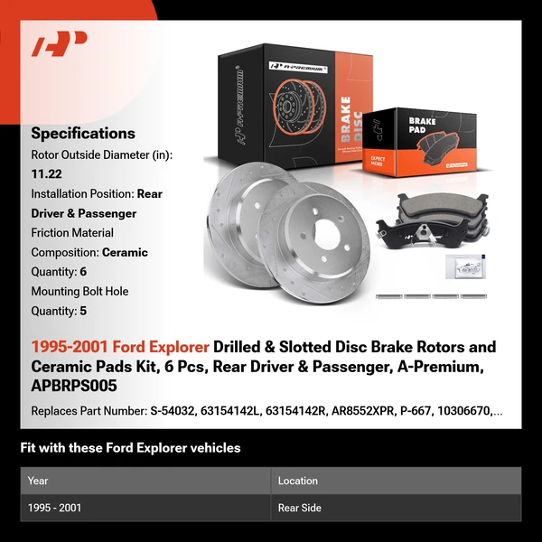 1995-2001 Ford Explorer Drilled & Slotted Disc Brake Rotors and Ceramic Pads Kit, 6 Pcs, Rear Driver & Passenger, A-Premium, APBRPS005