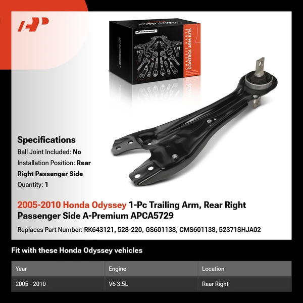 2005-2010 Honda Odyssey 1-Pc Trailing Arm, Rear Right Passenger Side A-Premium APCA5729