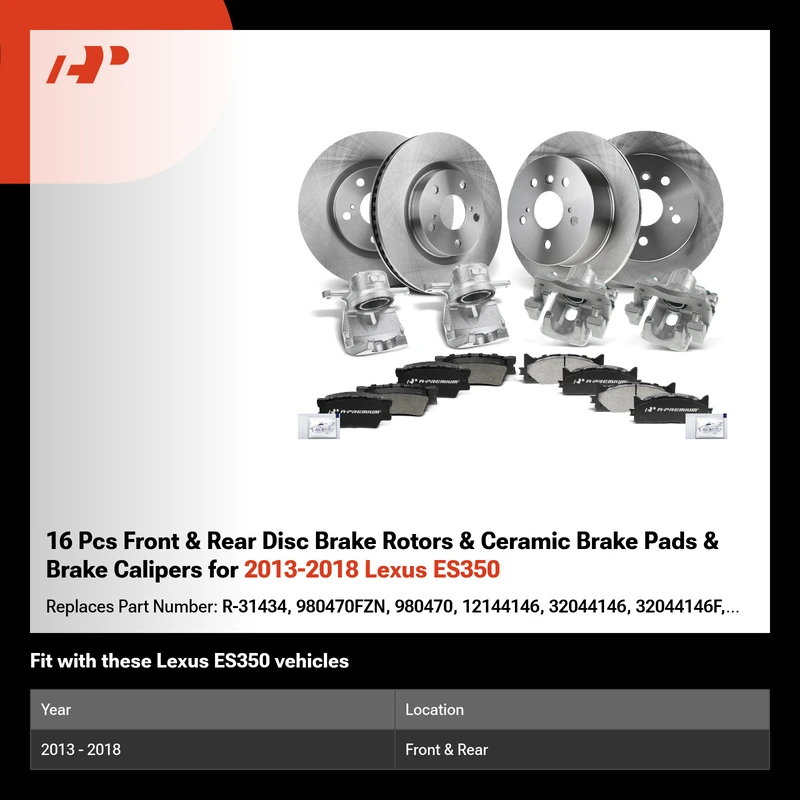 16 Pcs Front & Rear Disc Brake Rotors & Ceramic Brake Pads & Brake Calipers for 2013-2018 Lexus ES350