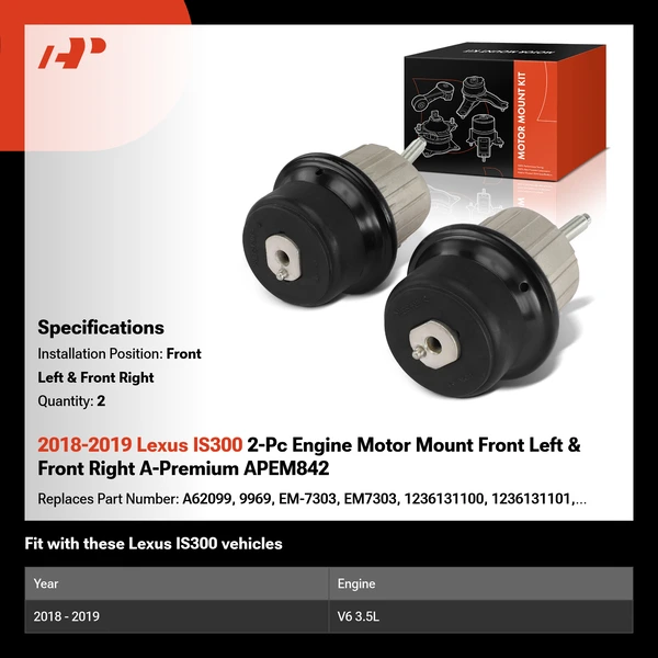 2018-2019 Lexus IS300 2-Pc Engine Motor Mount Front Left & Front Right A-Premium APEM842
