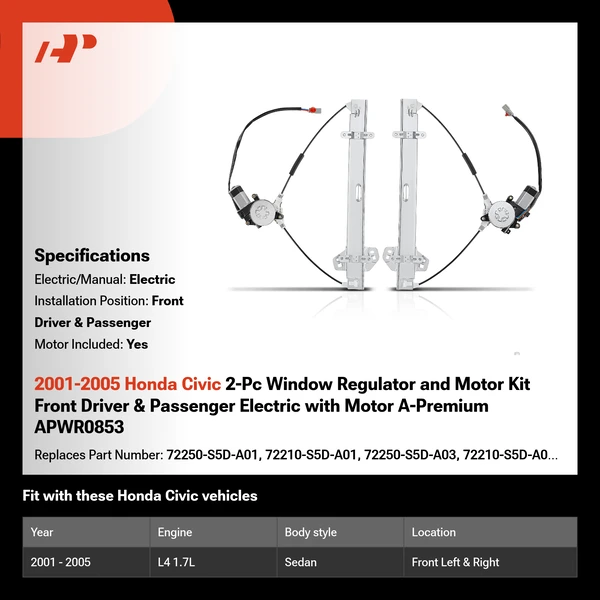 2001-2005 Honda Civic 2-Pc Window Regulator and Motor Kit Front Driver & Passenger Electric with Motor A-Premium APWR0853