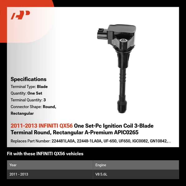 2011-2013 INFINITI QX56 One Set-Pc Ignition Coil 3-Blade Terminal Round, Rectangular A-Premium APIC0265