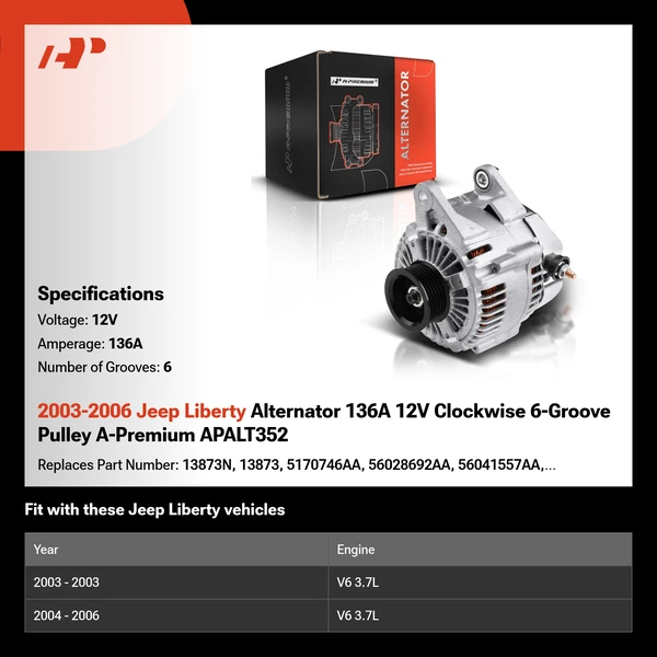 2003-2006 Jeep Liberty Alternator 136A 12V Clockwise 6-Groove Pulley A-Premium APALT352