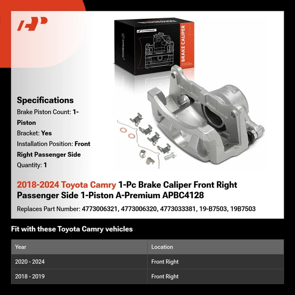 2018-2024 Toyota Camry 1-Pc Brake Caliper Front Right Passenger Side 1-Piston A-Premium APBC4128