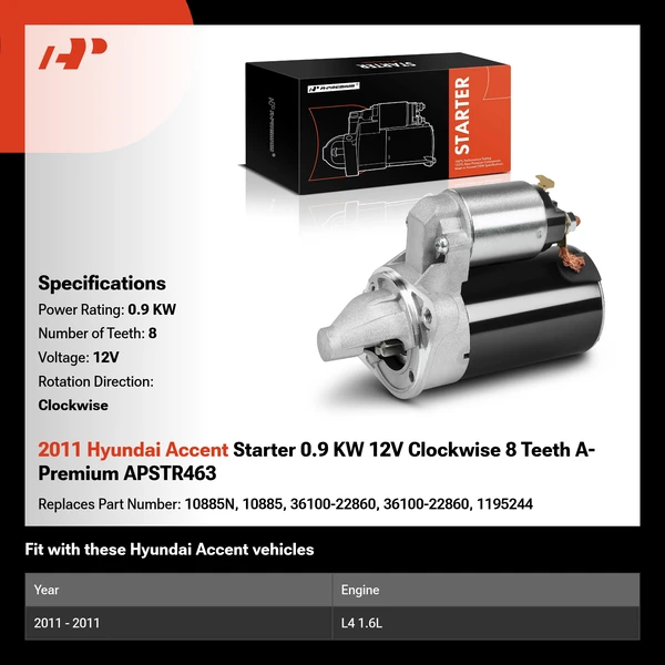 2011 Hyundai Accent Starter 0.9 KW 12V Clockwise 8 Teeth A-Premium APSTR463