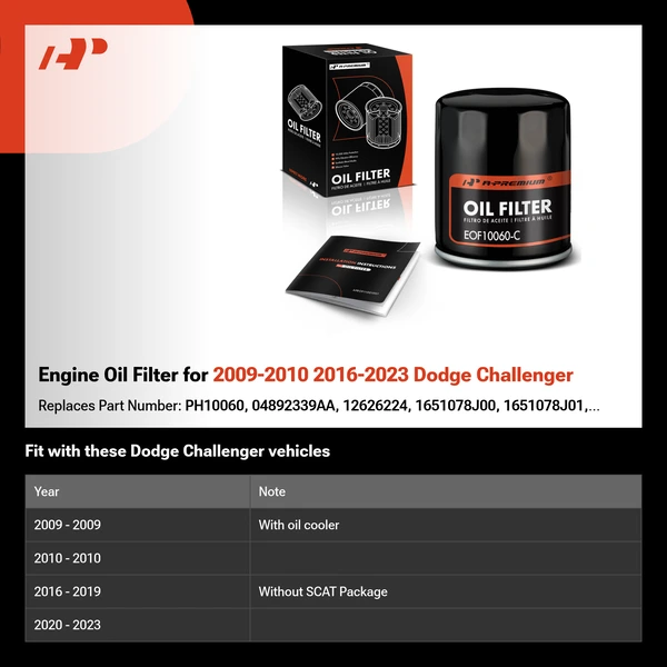 Engine Oil Filter for 2009-2010 2016-2023 Dodge Challenger