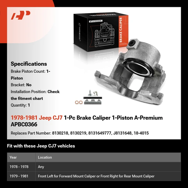 1978-1981 Jeep CJ7 1-Pc Brake Caliper 1-Piston A-Premium APBC0366