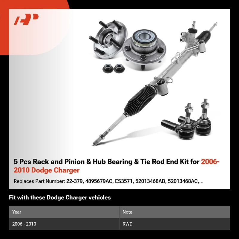 5 Pcs Rack and Pinion & Hub Bearing & Tie Rod End Kit for 2006-2010 Dodge Charger