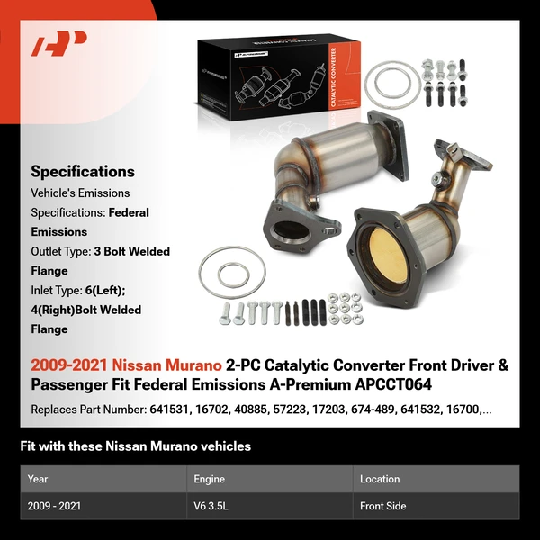2009-2021 Nissan Murano 2-PC Catalytic Converter Front Driver & Passenger Fit Federal Emissions A-Premium APCCT064