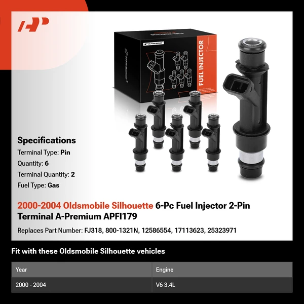2000-2004 Oldsmobile Silhouette 6-Pc Fuel Injector 2-Pin Terminal A-Premium APFI179