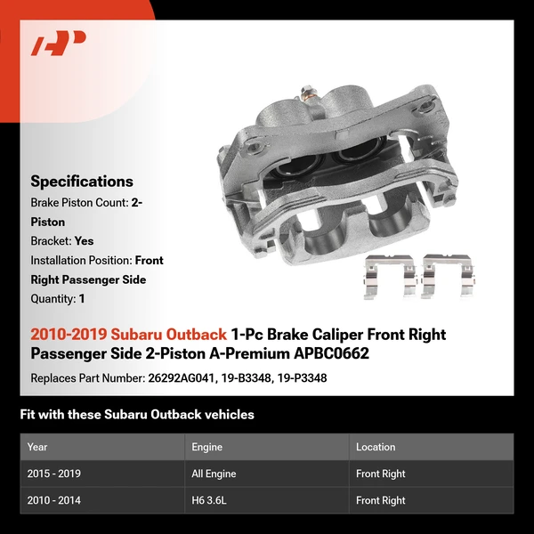 2010-2019 Subaru Outback 1-Pc Brake Caliper Front Right Passenger Side 2-Piston A-Premium APBC0662