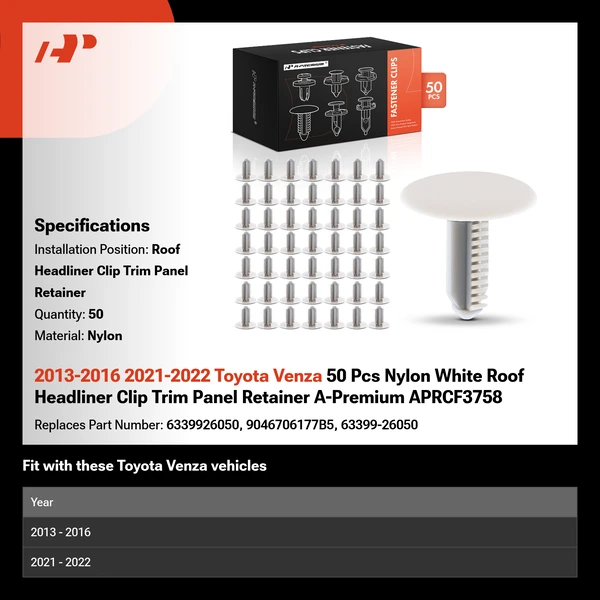 2013-2016 2021-2022 Toyota Venza 50 Pcs Nylon White Roof Headliner Clip Trim Panel Retainer A-Premium APRCF3758