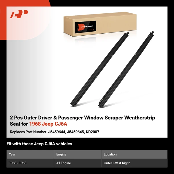 2 Pcs Outer Driver & Passenger Window Scraper Weatherstrip Seal for 1968 Jeep CJ6A