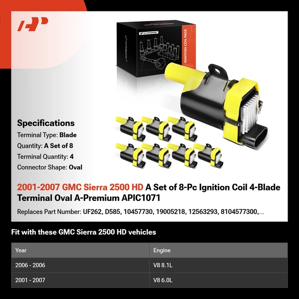 2001-2007 GMC Sierra 2500 HD A Set of 8-Pc Ignition Coil 4-Blade Terminal Oval A-Premium APIC1071