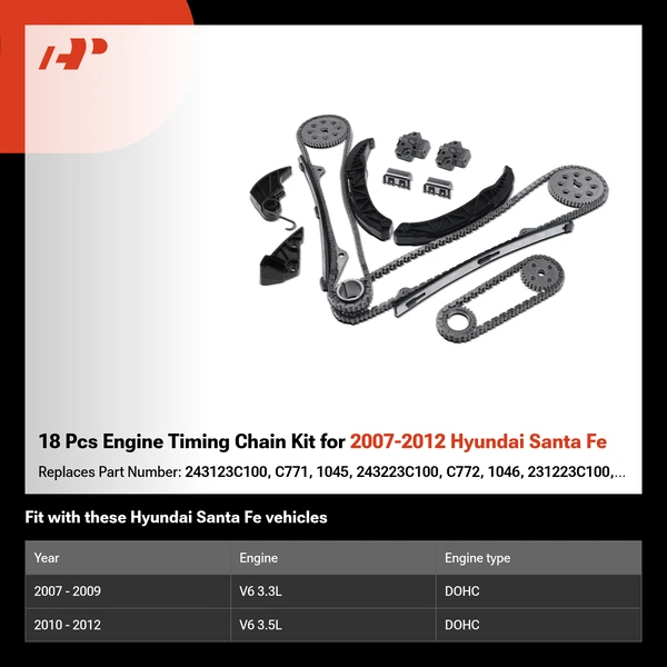 18 Pcs Engine Timing Chain Kit for 2007-2012 Hyundai Santa Fe