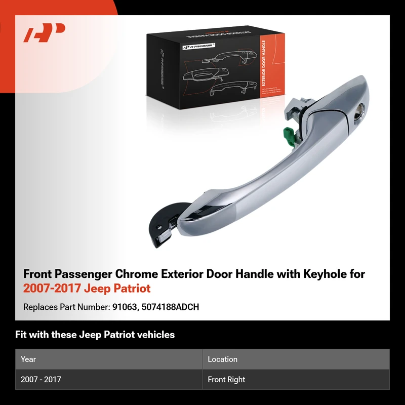 Front Passenger Chrome Exterior Door Handle with Keyhole for 2007-2017 Jeep Patriot