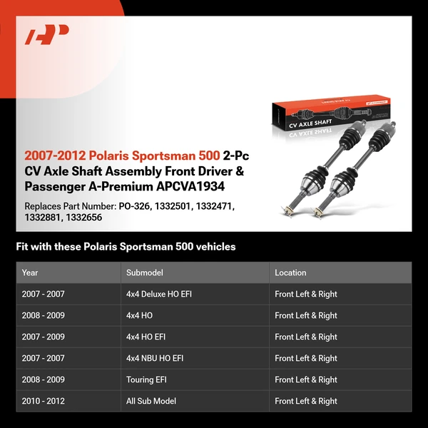 2007-2012 Polaris Sportsman 500 2-Pc CV Axle Shaft Assembly Front Driver & Passenger A-Premium APCVA1934