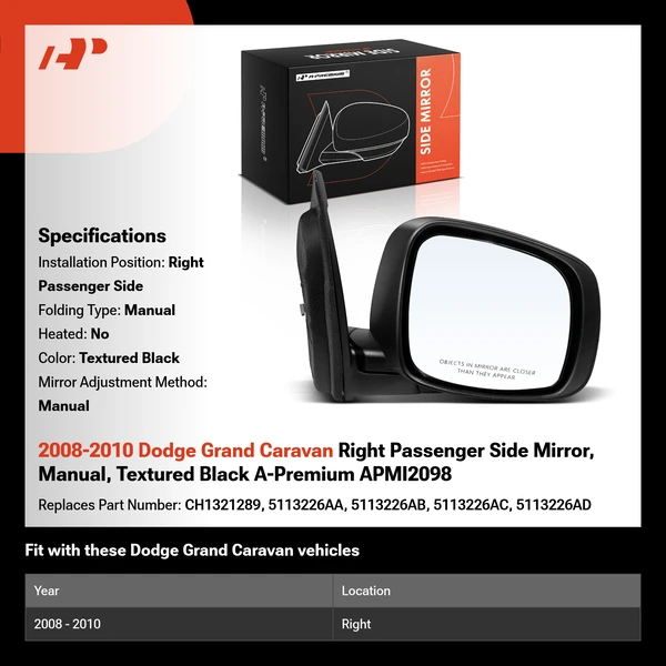 2008-2010 Dodge Grand Caravan Right Passenger Side Mirror, Manual, Textured Black A-Premium APMI2098