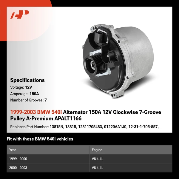 1999-2003 BMW 540i Alternator 150A 12V Clockwise 7-Groove Pulley A-Premium APALT1166