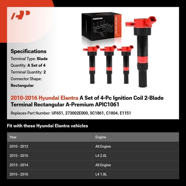 2010-2016 Hyundai Elantra A Set of 4-Pc Ignition Coil 2-Blade Terminal Rectangular A-Premium APIC1061