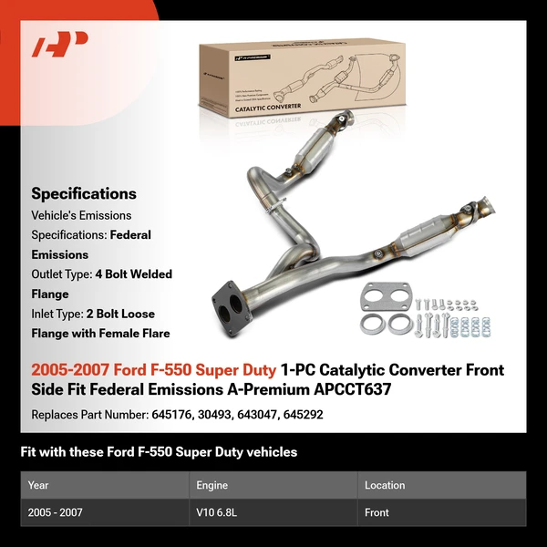 2005-2007 Ford F-550 Super Duty 1-PC Catalytic Converter Front Side Fit Federal Emissions A-Premium APCCT637