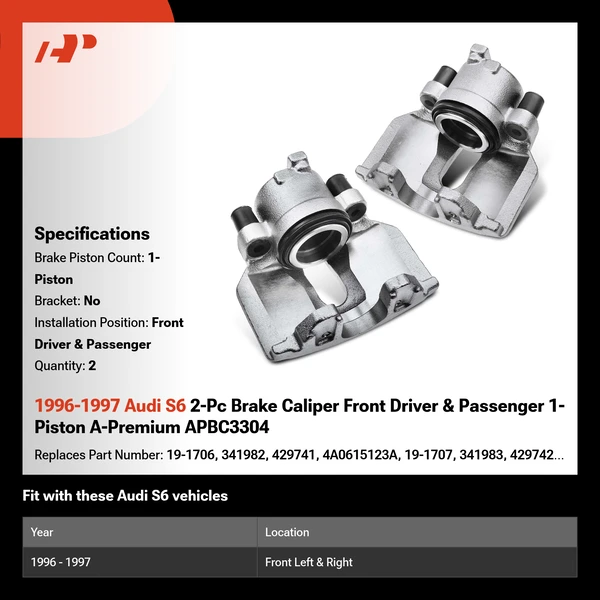 1996-1997 Audi S6 2-Pc Brake Caliper Front Driver & Passenger 1-Piston A-Premium APBC3304