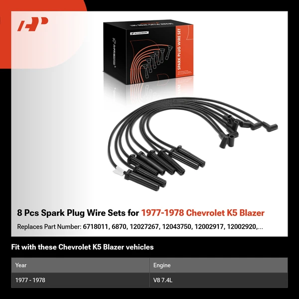 8 Pcs Spark Plug Wire Sets for 1977-1978 Chevrolet K5 Blazer