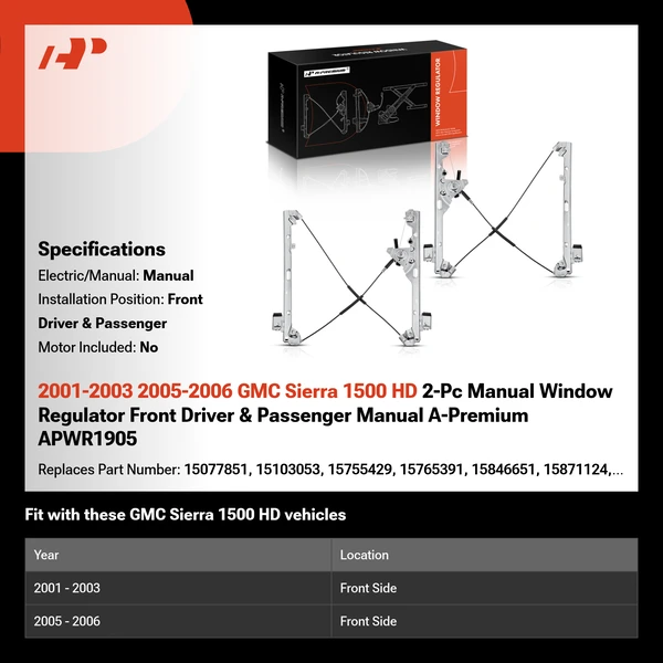 2001-2003 2005-2006 GMC Sierra 1500 HD 2-Pc Manual Window Regulator Front Driver & Passenger Manual A-Premium APWR1905
