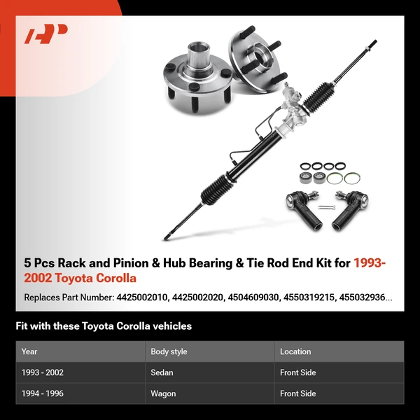 5 Pcs Rack and Pinion & Hub Bearing & Tie Rod End Kit for 1993-2002 Toyota Corolla