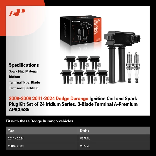 2008-2009 2011-2024 Dodge Durango Ignition Coil and Spark Plug Kit Set of 24 Iridium Series, 3-Blade Terminal A-Premium APIC0535