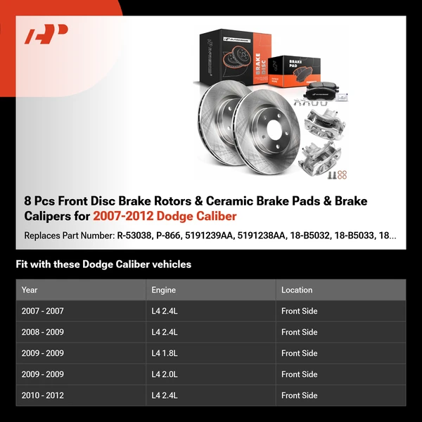 8 Pcs Front Disc Brake Rotors & Ceramic Brake Pads & Brake Calipers for 2007-2012 Dodge Caliber