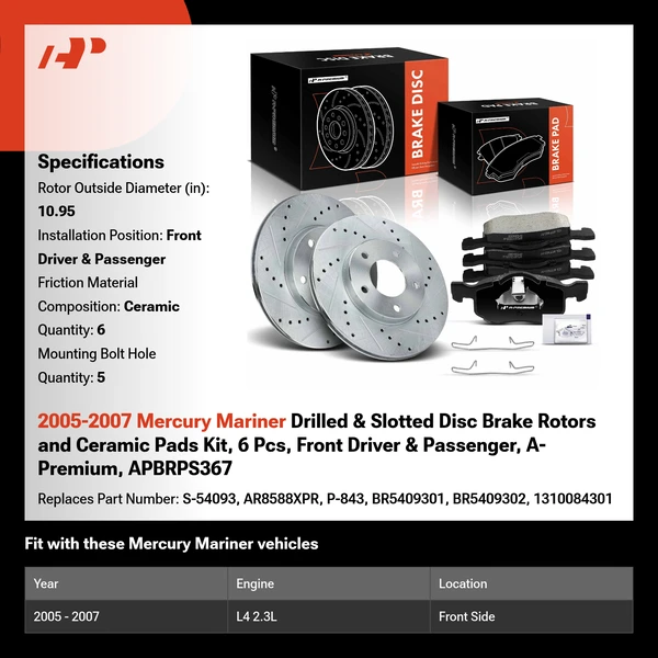 2005-2007 Mercury Mariner Drilled & Slotted Disc Brake Rotors and Ceramic Pads Kit, 6 Pcs, Front Driver & Passenger, A-Premium, APBRPS367