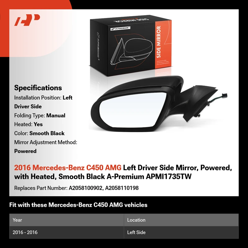 2016 Mercedes-Benz C450 AMG Left Driver Side Mirror, Powered, with Heated, Smooth Black A-Premium APMI1735TW