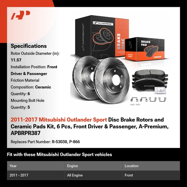 2011-2017 Mitsubishi Outlander Sport Disc Brake Rotors and Ceramic Pads Kit, 6 Pcs, Front Driver & Passenger, A-Premium, APBRPR387