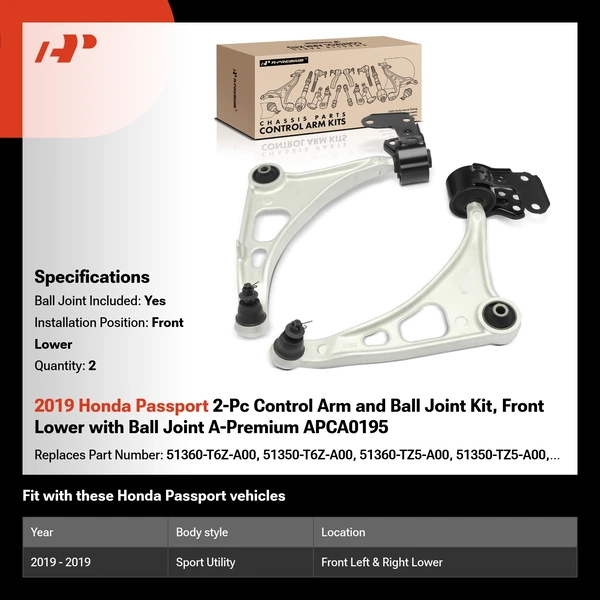 2019 Honda Passport 2-Pc Control Arm and Ball Joint Kit, Front Lower with Ball Joint A-Premium APCA0195