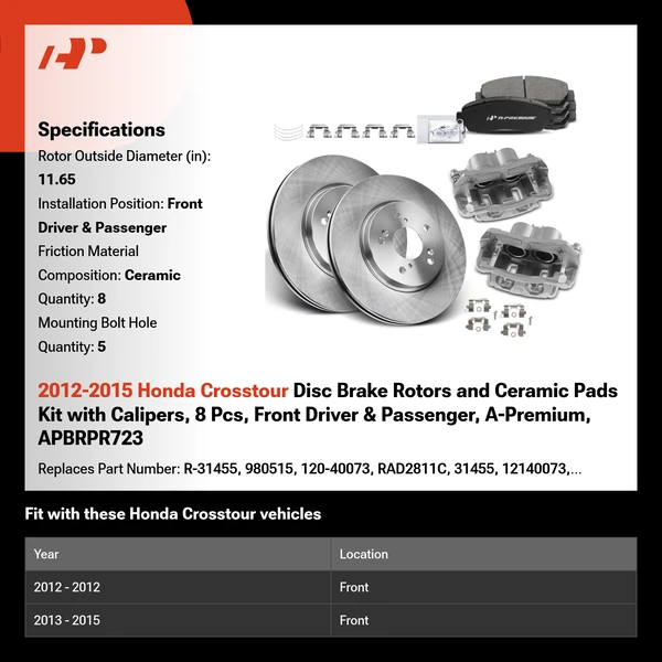 2012-2015 Honda Crosstour Disc Brake Rotors and Ceramic Pads Kit with Calipers, 8 Pcs, Front Driver & Passenger, A-Premium, APBRPR723
