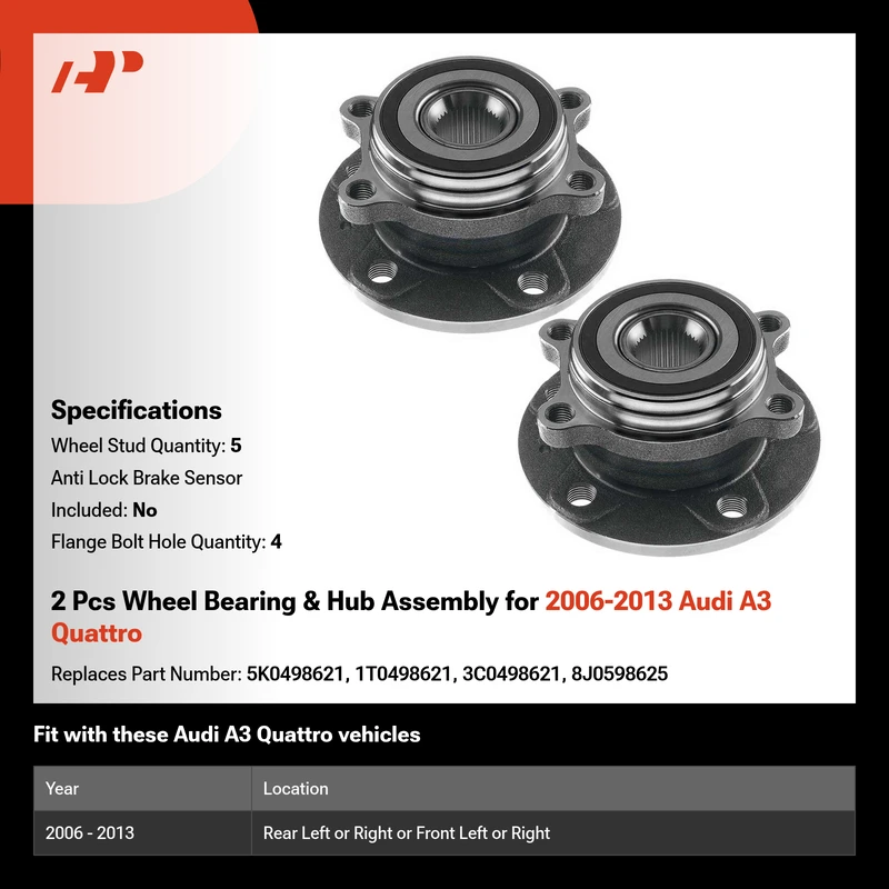 2 Pcs Wheel Bearing & Hub Assembly for 2006-2013 Audi A3 Quattro