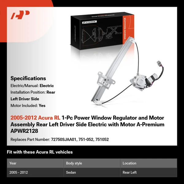 2005-2012 Acura RL 1-Pc Power Window Regulator and Motor Assembly Rear Left Driver Side Electric with Motor A-Premium APWR2128
