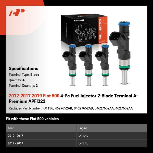 2012-2017 2019 Fiat 500 4-Pc Fuel Injector 2-Blade Terminal A-Premium APFI322