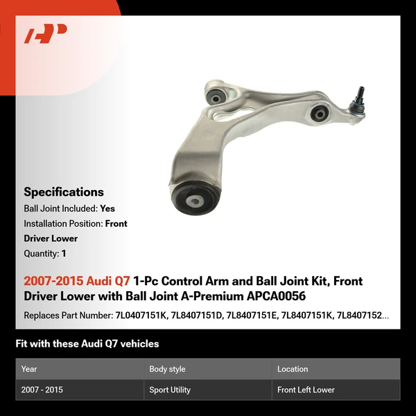 2007-2015 Audi Q7 1-Pc Control Arm and Ball Joint Kit, Front Driver Lower with Ball Joint A-Premium APCA0056