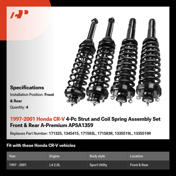 1997-2001 Honda CR-V 4-Pc Strut and Coil Spring Assembly Set Front & Rear A-Premium APSA1359