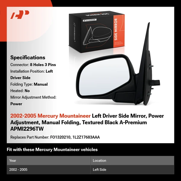 2002-2005 Mercury Mountaineer Left Driver Side Mirror, Power Adjustment, Manual Folding, Textured Black A-Premium APMI2296TW