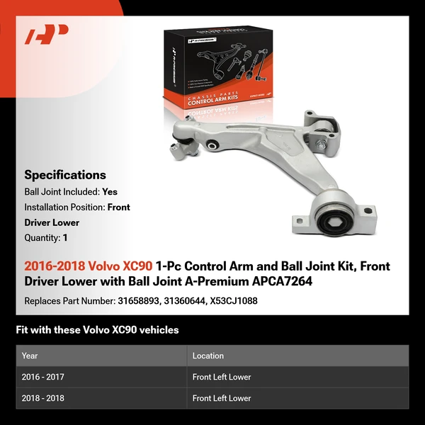 2016-2018 Volvo XC90 1-Pc Control Arm and Ball Joint Kit, Front Driver Lower with Ball Joint A-Premium APCA7264